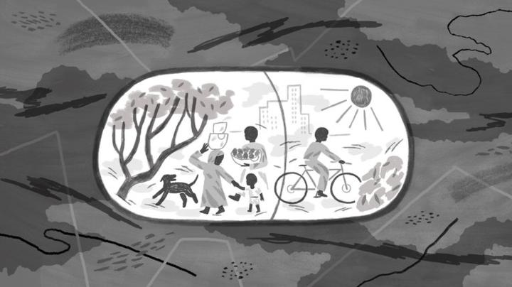 Black and white drawing of children and family in Africa